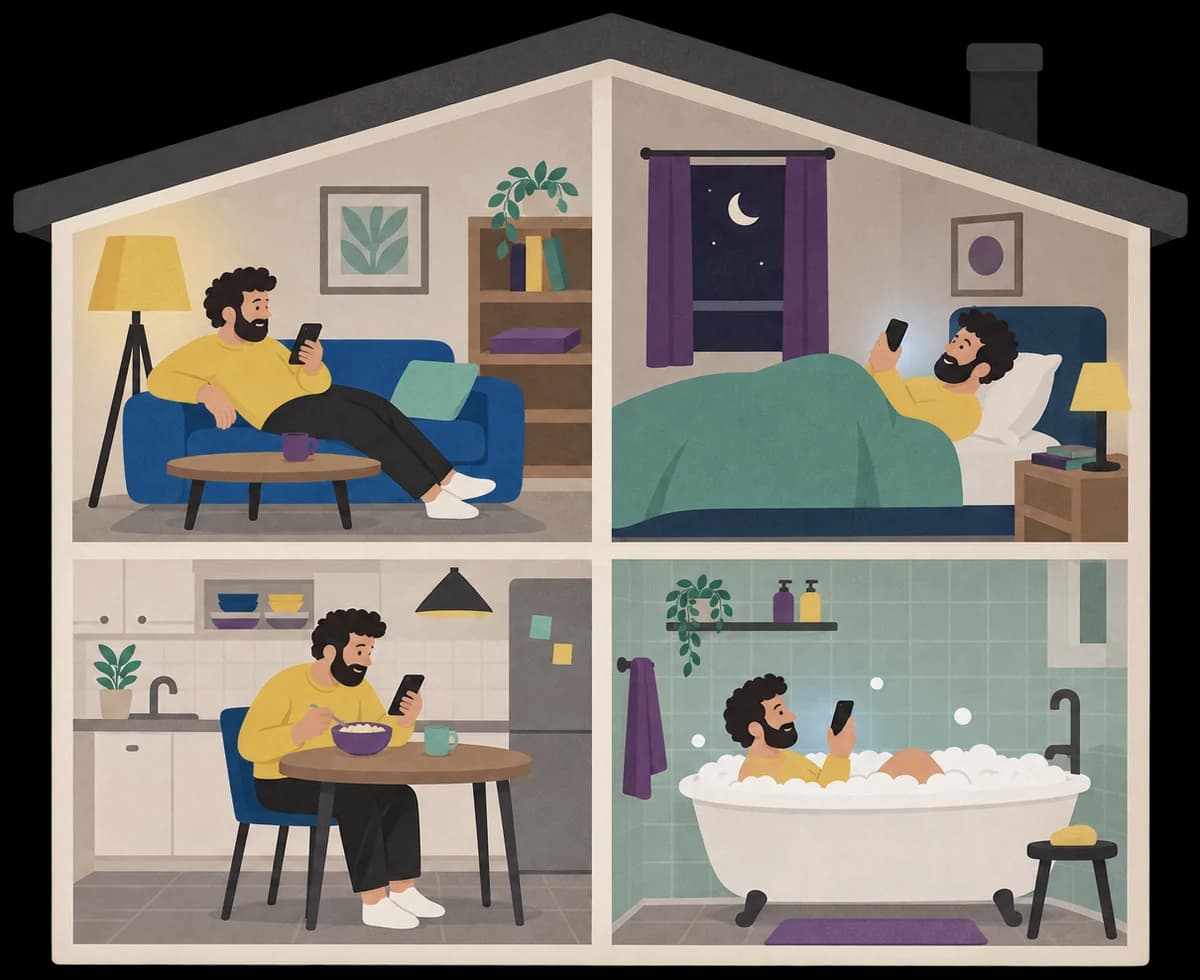 A man alone with his phone in every room: on the sofa, in bed, at the table and in the bath.