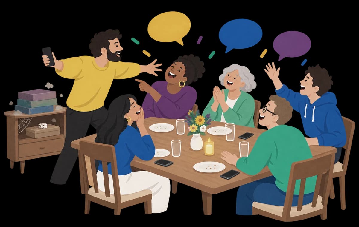 Amigos y familia alrededor de una mesa, riéndose mientras alguien hace mímica. Los juegos de mesa juntan polvo.