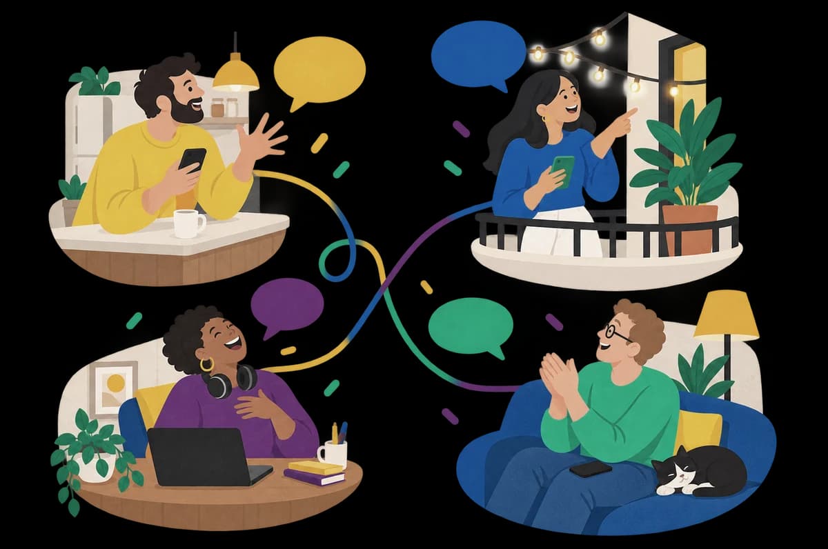 Four friends, each at home, laughing together on the same call.