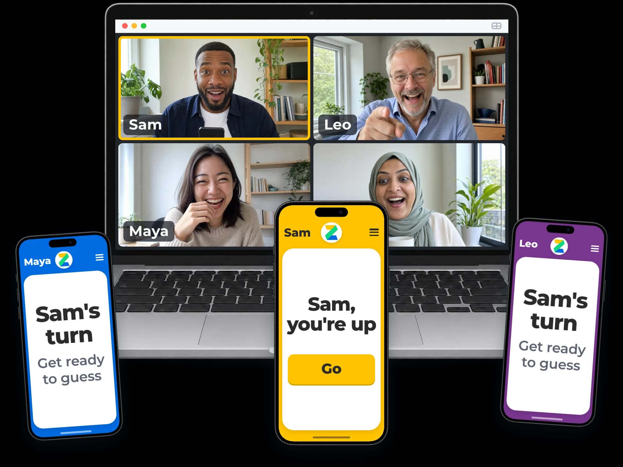 Four colleagues laughing on a video call, each with a phone showing whose turn it is.