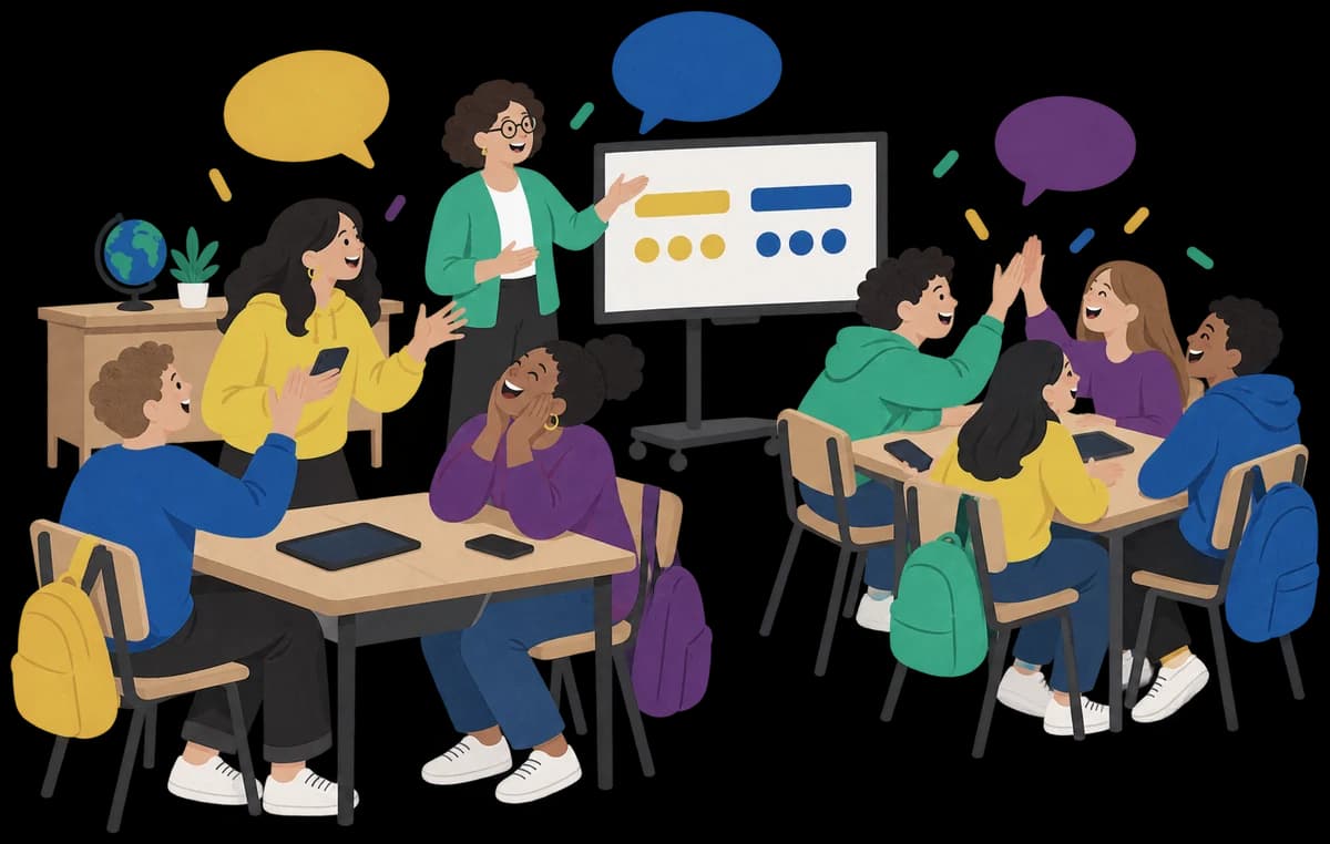 A middle-school class in two teams at their desks, laughing and calling out guesses, while their teacher stands by the classroom screen.
