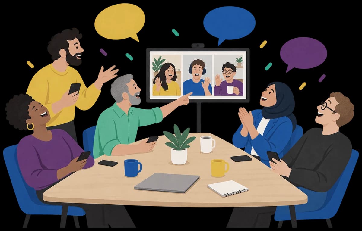 A work team laughing round a meeting table, phones in hand, while three colleagues join in on a video call on the big screen.