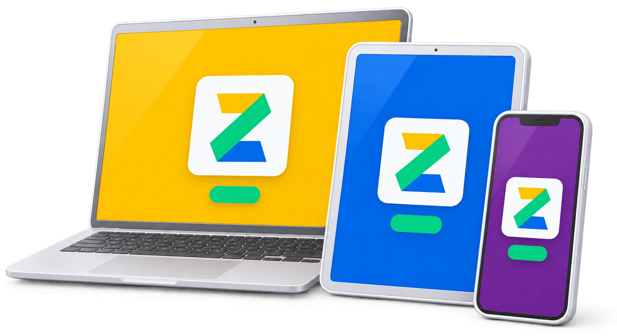 Una laptop, una tablet y un celular, cada uno con Ziago en la pantalla.